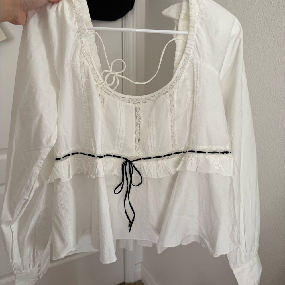 Free People White Blouse with Black Ribbon Detail